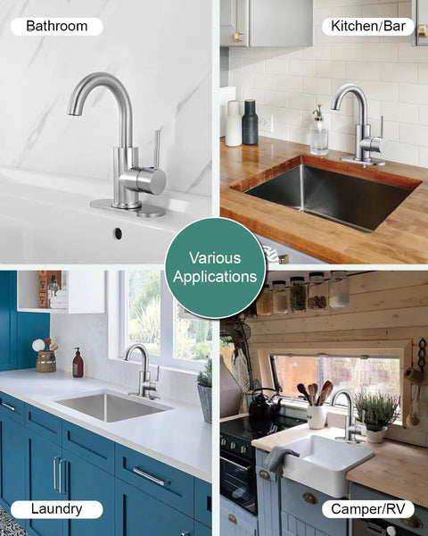 Single Handle Swivel Spout Bathroom Sink Faucet With Pop Up Drain Overflow And Flexible Supply Hose Brushed Nickel Finish Drip Free Ceramic Disc Valve Ideal For Bar Sinks And Small Kitchens shown in various settings, including bathroom, kitchen/bar, laundry, and camper/RV.
