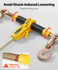 Close-up of Beefy Ratchet Chain Binder Set Five Sixteenth Inch Ten Foot G80 Chains 8000 Lbs Working Load Heavy Duty Tie Down Gear with warning indicator ring.