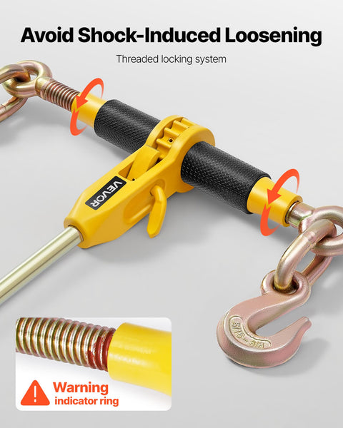 Close-up of Beefy Ratchet Chain Binder Set Five Sixteenth Inch Ten Foot G80 Chains 8000 Lbs Working Load Heavy Duty Tie Down Gear with warning indicator ring.