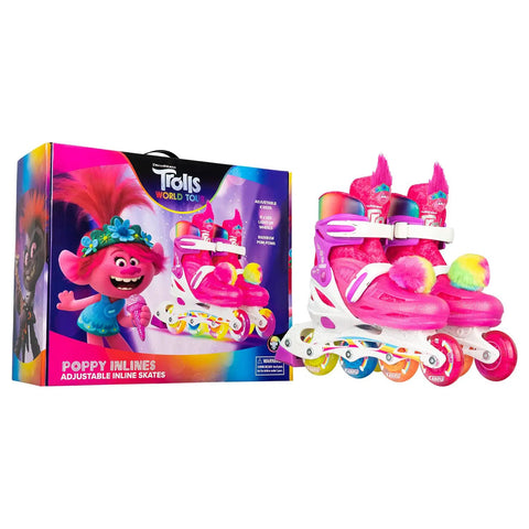 Tot Friendly Trolls Themed Adjustable Inline Skates For Kids Featuring Poppy Or Barb Pink Size Medium 2-5 With Big Trolls Head Tongue Colorful Boots And Wheels Removable Pom Poms packaging