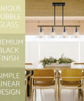 Dope Farmhouse Kitchen Island Light With Four Lights In Black Metal Frame Smoked Birch Accent Seeded Glass Conic Shades