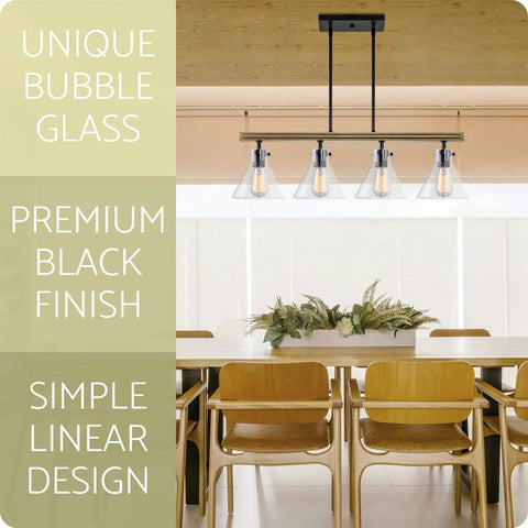 Dope Farmhouse Kitchen Island Light With Four Lights In Black Metal Frame Smoked Birch Accent Seeded Glass Conic Shades