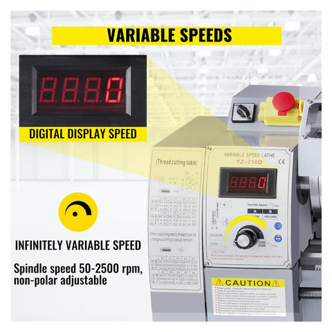 Digital display showing speed settings for Heavy Duty 8 X 32 Inch Mini Metal Lathe Machine 850W Variable Speed Motor 50 To 2500 RPM.