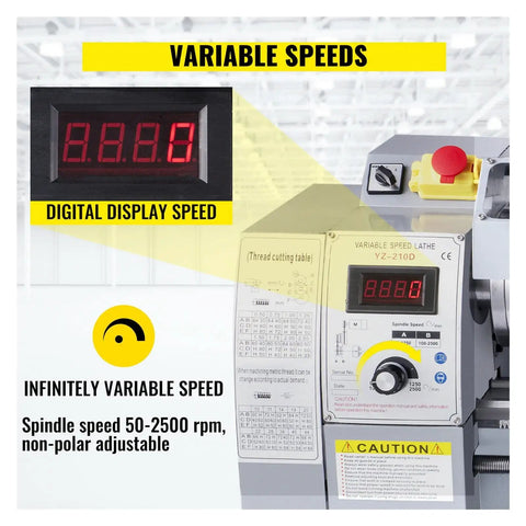 Digital display showing variable speeds for 8 Inch X 32 Inch Extended Mini Metal Lathe Machine With Chuck, 850 Watt Motor.