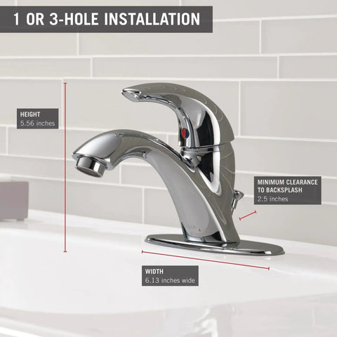 Classic Single Hole Chrome Bathroom Faucet With One Handle, mounted on sink, showing dimensions for 1 or 3 hole installation