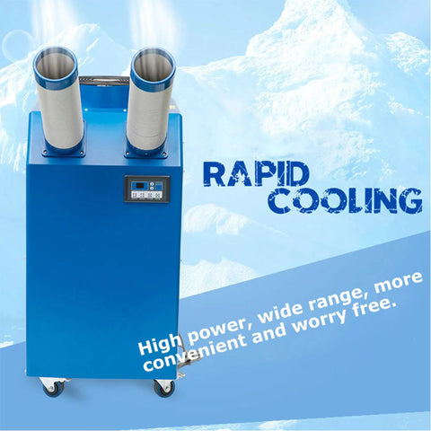 Heavy Duty Outdoor Air Conditioner Straight Up Industrial Powerhouse 220V Portable Cooling Unit With 18700 BTU Extendable Duct, blue with dual ducts.