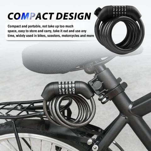 4ft 5 Dial Resettable Bike Lock Cable With Quick Release Mount, shown on a bike, highlighting the compact design and security features.