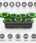 Portable Electronic Drum Set For Practice And Performance With Snare Toms Crash Ride Hi Hat Pads And Dual Foot Pedals Roll Up Drum Kit 5 Timbres 8 Demo Songs And 3 Rhythms For Beginners And Kids, showing green 7-pad layout with control panel.