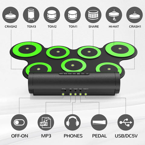 Portable Electronic Drum Set For Practice And Performance With Snare Toms Crash Ride Hi Hat Pads And Dual Foot Pedals Roll Up Drum Kit 5 Timbres 8 Demo Songs And 3 Rhythms For Beginners And Kids, showing green 7-pad layout with control panel.