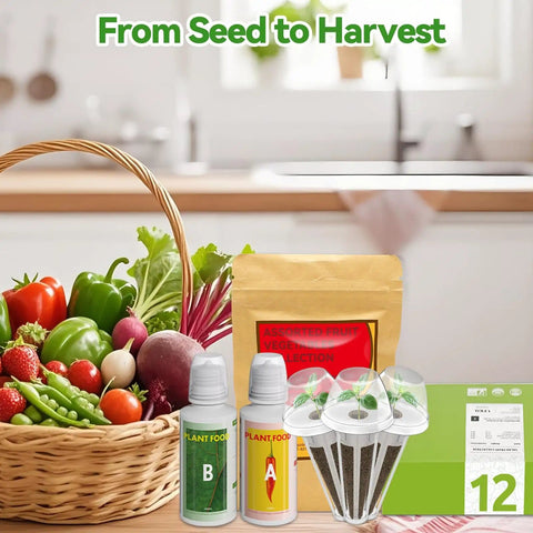 All In Seed Pod Kit For AeroGarden iDOO And Ahopegarden Systems With Seven Heirloom Varieties and accessories with basket of vegetables.