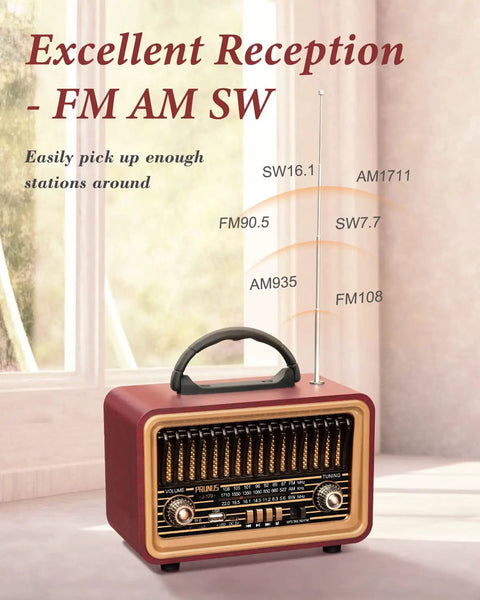 Retro Bluetooth Speaker With Deep Bass And Stereo Sound Portable AM FM Radio displayed on a table with antenna extended.