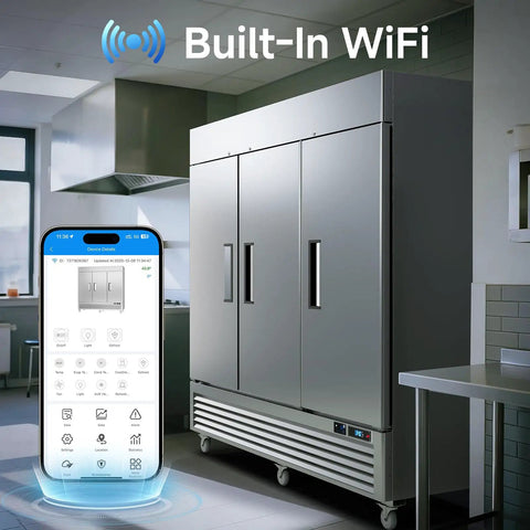 Rock Solid 72 Cubic Foot Commercial Reach In Fridge With Plug And Play Smart Wifi App Control displayed with mobile app.