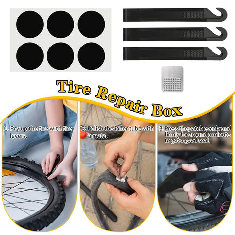Tire Repair Tool Kit With 16-In-1 Multitool Levers Patches And Metal Polish For Mountain And Road Cycling On-The-Go Emergency Gear
