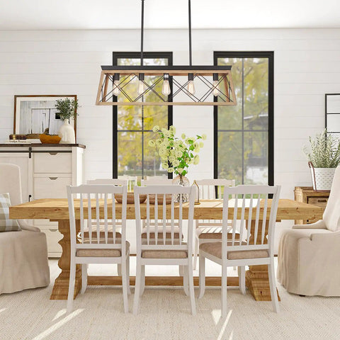 Farmhouse Chandelier With Five Lights For Kitchen Island Lighting Rustic White Wood Finish Dining Room Pendant Light