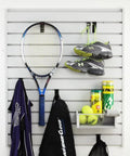 EasyWall Slatwall Kit Light Gray DIY Friendly One Person Install With Level And Cordless Screwdriver Expandable With Additional Kits Configurable Garage Storage System Made In USA holding sports equipment.