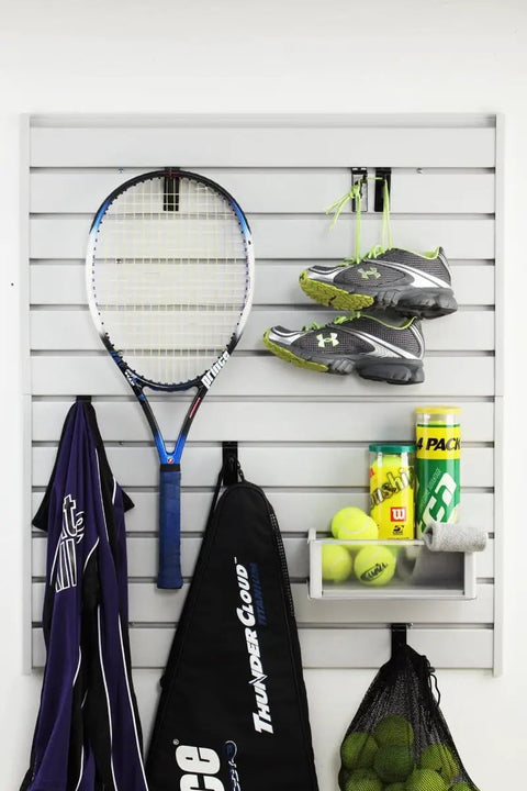 EasyWall Slatwall Kit Light Gray DIY Friendly One Person Install With Level And Cordless Screwdriver Expandable With Additional Kits Configurable Garage Storage System Made In USA holding sports equipment.