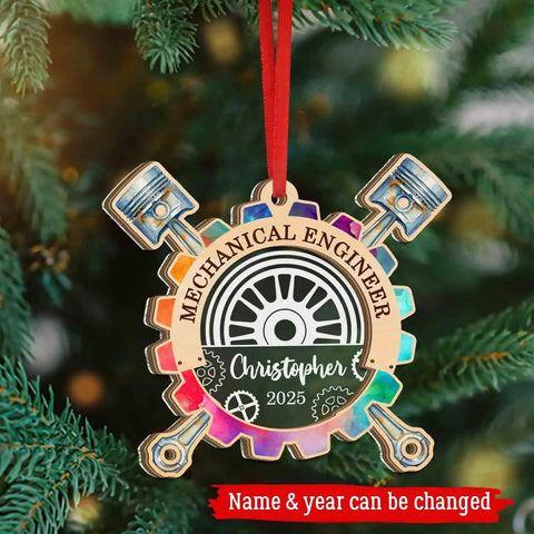 Personalized Mechanical Engineer Ornament With Name And Year, Wooden And Acrylic Two Layer Christmas Keepsake for gearheads