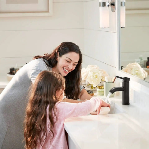 Woman and child using Matte Black Single Handle Bathroom Faucet For Vessel Sink And Lavatory, 1 Or 3 Hole Mount With Deck Plate