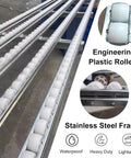 Heavy Duty Gravity Roller Conveyor Slide Built Solid For Slick Dock To Door Unloading Track Warehouse Freight Truck Trailer Cargo Setup With Smooth Abs Bearings That Just Roll Away Nice And Easy with engineering plastic rollers and stainless steel frame.