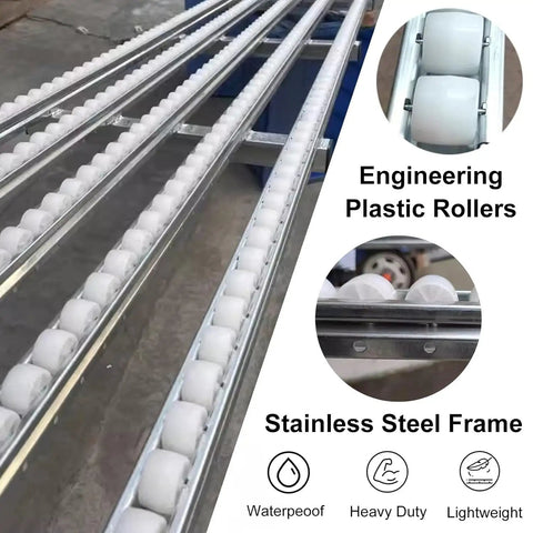 Heavy Duty Gravity Roller Conveyor Slide Built Solid For Slick Dock To Door Unloading Track Warehouse Freight Truck Trailer Cargo Setup With Smooth Abs Bearings That Just Roll Away Nice And Easy with engineering plastic rollers and stainless steel frame.