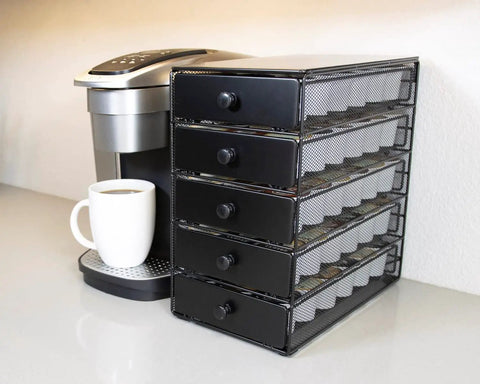 Boss Level Coffee Pod Drawer in black satin finish, 5-tier XXL organizer next to coffee machine, holds up to 90 K-Cups.