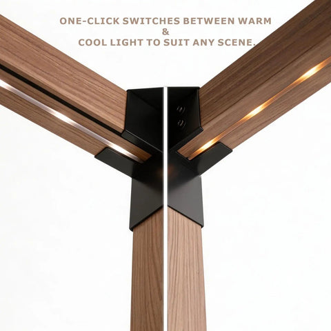 Close-up of wood-grain aluminum frame with dual-color solar LED ambient lighting on outdoor pergola.