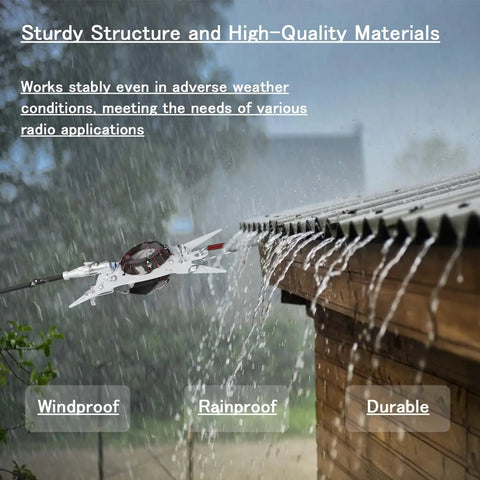 Dual Mode HF End Fed Antenna For Outdoor Use With 49 To 1 And 9 To 1 Configurations, installed in rain showing weather resistance