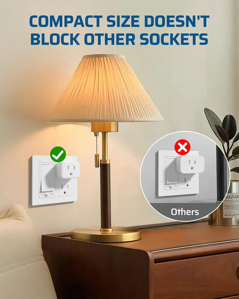 Wireless Remote Wall Switch And Outlet No Wiring Needed Plug In Power Socket with lamp on wooden table.