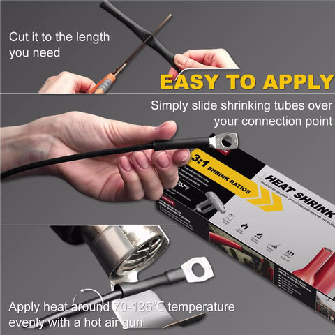 Red Heat Shrink Tubing 3 to 1 Ratio 9.5mm 20ft dual wall application process with adhesive liner, cut and heated over wire