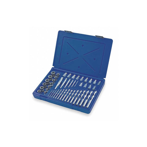 48 Piece Fastener Extraction Kit With Spiral Flute And Multi-Spline Extractors, Bolt Extractors, And Left Hand Cobalt Drill Bits Easy Out Style Set For High Torque Pulls, Low Profile Removals, Cars And DIY Projects in blue case open with visible components.