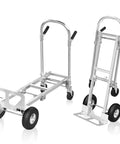 Stainless steel 2-in-1 dolly cart and folding hand truck with large wheels; shown in extended platform and folded state.