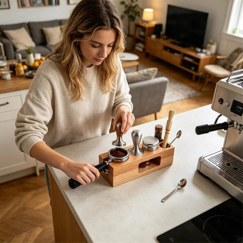 A woman using the Top Shelf 58mm Espresso Tamping Station Natural Wood Multifunctional Dosing Box Tool Organizer on a kitchen counter.