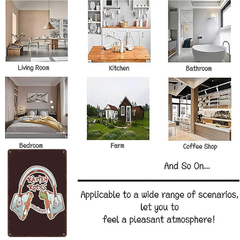 Funny Vintage Metal Sign Ramen Rocks Noodles Tin Wall Art Poster For Home Room Garage Office Decor 8 By 12 Inches shown in various settings.