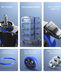 Four Inch Heavy Duty Stem Caster Set Of Four With One Half Inch To Thirteen UNC Threaded Swivel Casters, Stem Length One Inch, Dual Lock Brakes For Furniture And Carts showcasing features like dustproof ring, double ball bearings, and 360° rotation.