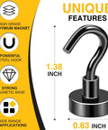 Magnetic Hooks Neodymium With Nickel Coating, 30 Lb Capacity, 10 Pack, Black, 1.38 inch high, 0.63 inch base diameter.