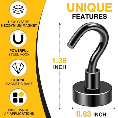 Magnetic Hooks Neodymium With Nickel Coating, 30 Lb Capacity, 10 Pack, Black, 1.38 inch high, 0.63 inch base diameter.