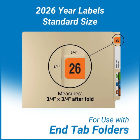 2026 Year Stickers For End Tab File Folders With Orange Color Code, Heavy Duty Adhesive Chart Labels, 3/4 In By 1-1/2 In, USA Made