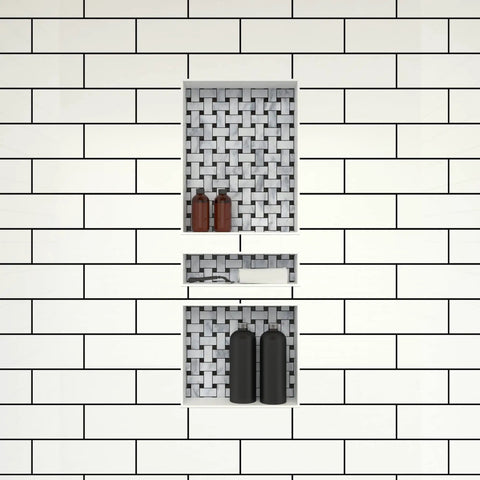 Triple Niche Recessed Shower Shelf Black With Three Inner Shelves Built To Handle All Your Shower Stuff Fits 16 Inch Wide By 40 Inch High By 4 Inch Deep Tile Ready All In One Bathroom Storage Solution installed in white tiled wall with toiletries.