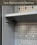 Close-up of Rugged Metal Wall Cabinet With Two Lockable Doors For Garage Tool Storage In Black And Grey Pegboard Interior And Detachable Shelves