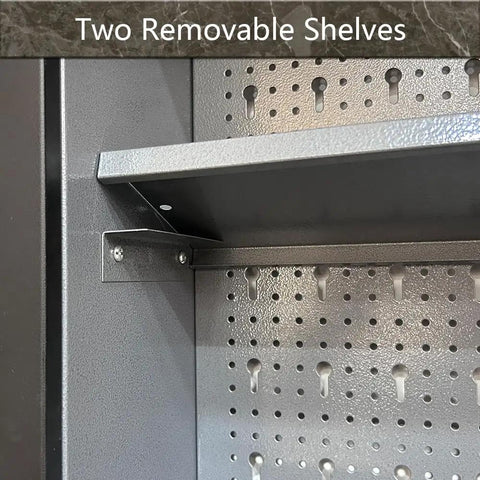Close-up of Rugged Metal Wall Cabinet With Two Lockable Doors For Garage Tool Storage In Black And Grey Pegboard Interior And Detachable Shelves