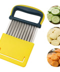 Crinkle cutter knife with yellow handle and stainless steel wavy blades; includes safety blade cover.