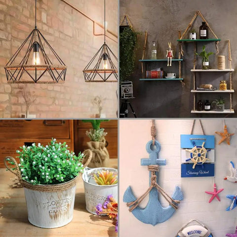 Combination of DIY home decor using 8mm Jute Rope Thick Twine 50 Feet Heavy Duty Natural Fiber For Crafts and Rustic Style.