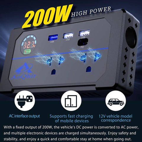 200W Car Power Inverter DC To AC Converter With Three USB Ports And Type C Quick Charge, showing sockets and digital display for power usage.