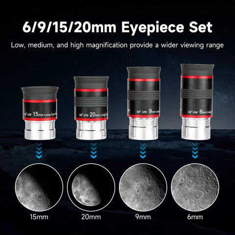 Ultra Wide 68 Degree 1.25 Inch Eyepiece Set For Telescopes With FMC Green Film Optics Includes 6mm 9mm 15mm 20mm Fully Multicoated And Achromatic For Sharp Bright Night Sky Observing showing different eyepiece sizes
