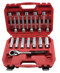 Open red case of 18 Piece Hub Suspension Nut Removal Tool Socket Kit For Shock Absorber Struts with Torx T50 Bits.