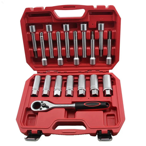 Open red case of 18 Piece Hub Suspension Nut Removal Tool Socket Kit For Shock Absorber Struts with Torx T50 Bits.