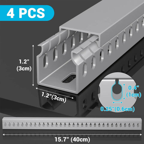 Close-up of Open Slot Cable Duct Kit showing measurements and open slots for under desk wire management. Four Pack, Grey.
