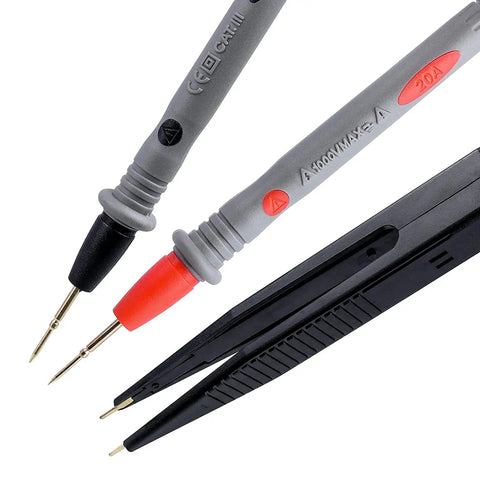 Close-up of Pro Grade Test Lead Tweezer Set For Multimeter Two Pack 1000V 20A Probes With SMD Tweezers Clips