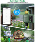 WiFi Water Timer For Garden Hose With Smart Sprinkler Controller, 984 Ft RF Range, showing rain delay mode on phone.