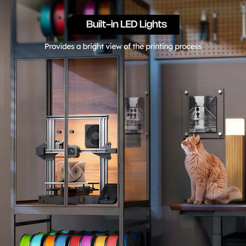 Enclosed 3D Printer Cabinet With 48 Spool Filament Storage, Ventilated Enclosure, Built In LED Light, cat observing prints